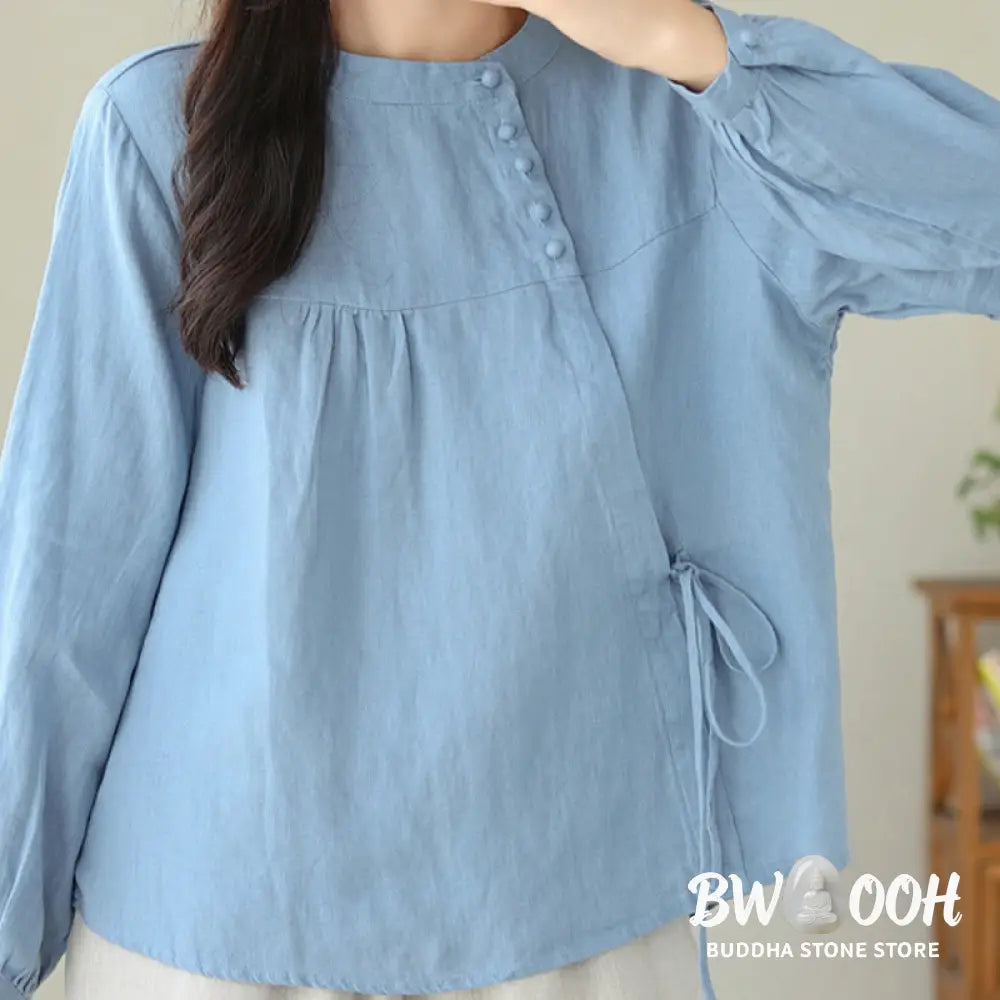 Buddha Stones Fall Casual Solid Color Stand Collar Long Sleeve Cotton Linen Women’s Shirt - Women’s Shirts