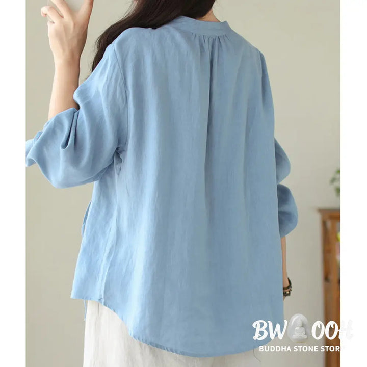 Buddha Stones Fall Casual Solid Color Stand Collar Long Sleeve Cotton Linen Women’s Shirt - Women’s Shirts