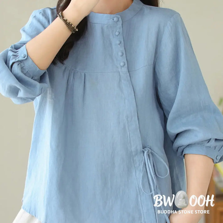 Buddha Stones Fall Casual Solid Color Stand Collar Long Sleeve Cotton Linen Women’s Shirt - Women’s Shirts