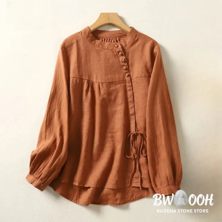 Buddha Stones Fall Casual Solid Color Stand Collar Long Sleeve Cotton Linen Women’s Shirt - Women’s Shirts