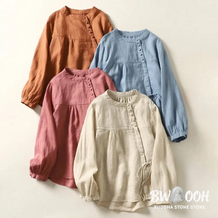 Buddha Stones Fall Casual Solid Color Stand Collar Long Sleeve Cotton Linen Women’s Shirt - Women’s Shirts