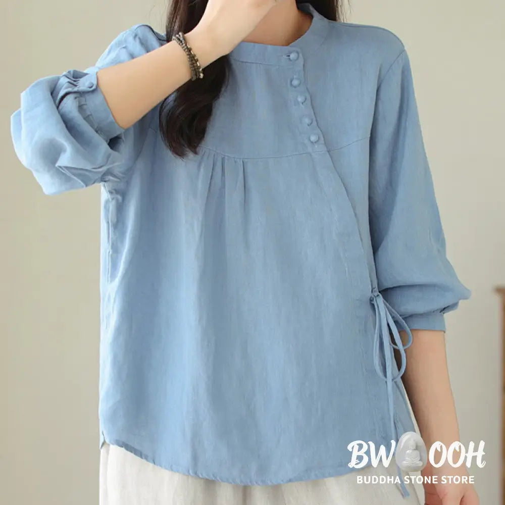 Buddha Stones Fall Casual Solid Color Stand Collar Long Sleeve Cotton Linen Women’s Shirt - Women’s Shirts