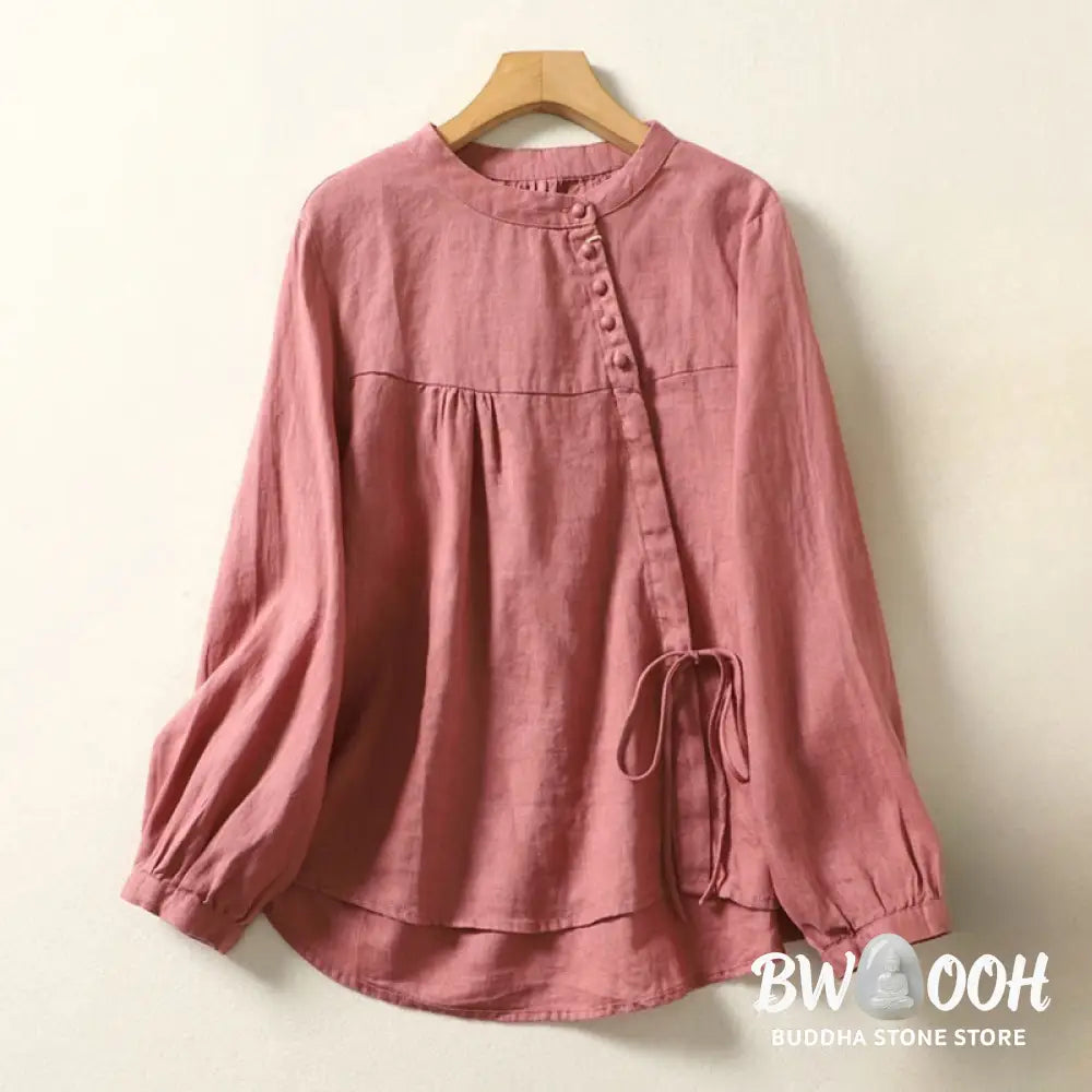 Buddha Stones Fall Casual Solid Color Stand Collar Long Sleeve Cotton Linen Women’s Shirt - Women’s Shirts