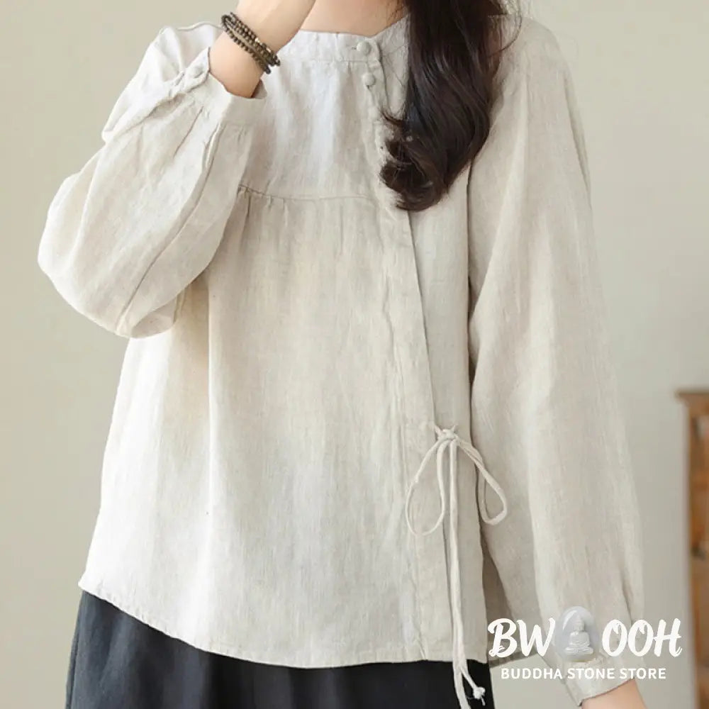 Buddha Stones Fall Casual Solid Color Stand Collar Long Sleeve Cotton Linen Women’s Shirt - Women’s Shirts