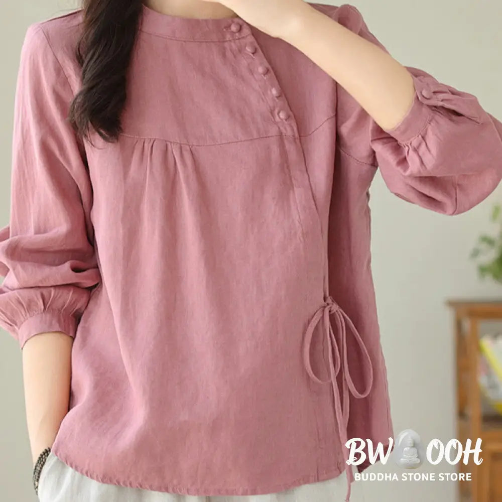 Buddha Stones Fall Casual Solid Color Stand Collar Long Sleeve Cotton Linen Women’s Shirt - Women’s Shirts