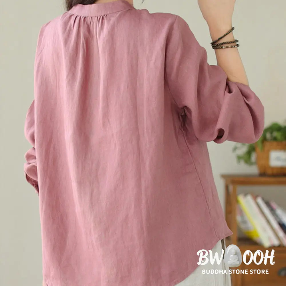 Buddha Stones Fall Casual Solid Color Stand Collar Long Sleeve Cotton Linen Women’s Shirt - Women’s Shirts