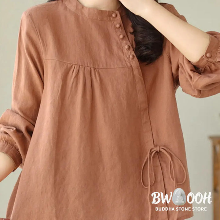 Buddha Stones Fall Casual Solid Color Stand Collar Long Sleeve Cotton Linen Women’s Shirt - Women’s Shirts