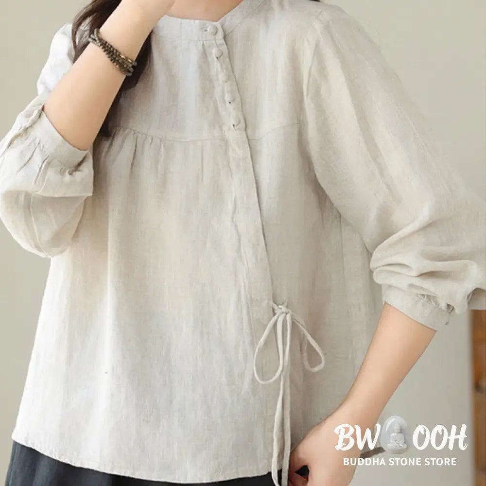 Buddha Stones Fall Casual Solid Color Stand Collar Long Sleeve Cotton Linen Women’s Shirt - Women’s Shirts