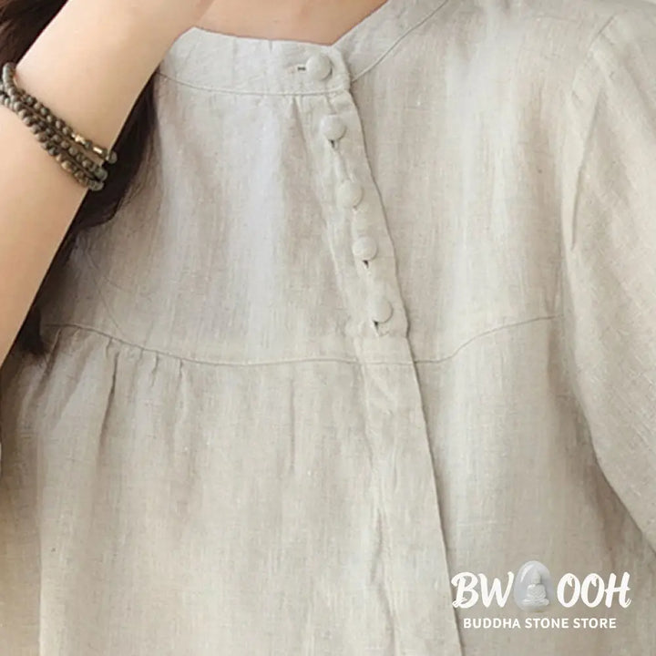 Buddha Stones Fall Casual Solid Color Stand Collar Long Sleeve Cotton Linen Women’s Shirt - Women’s Shirts