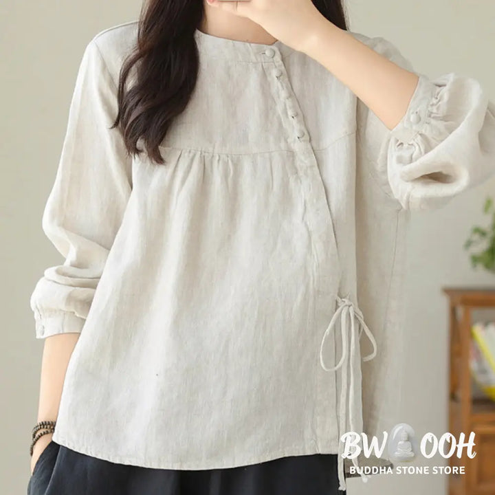 Buddha Stones Fall Casual Solid Color Stand Collar Long Sleeve Cotton Linen Women’s Shirt - Women’s Shirts