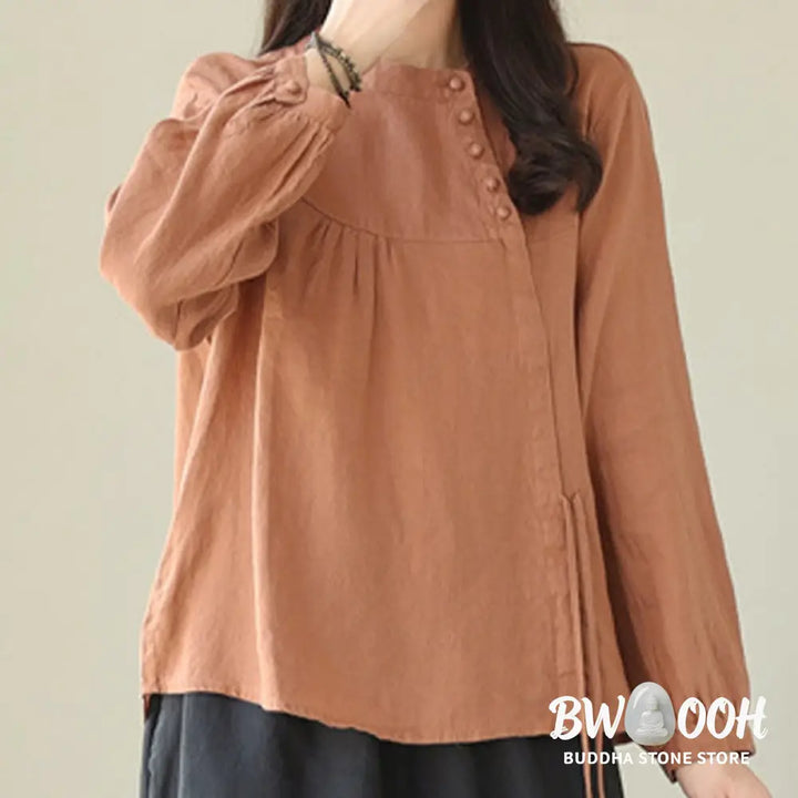 Buddha Stones Fall Casual Solid Color Stand Collar Long Sleeve Cotton Linen Women’s Shirt - Women’s Shirts