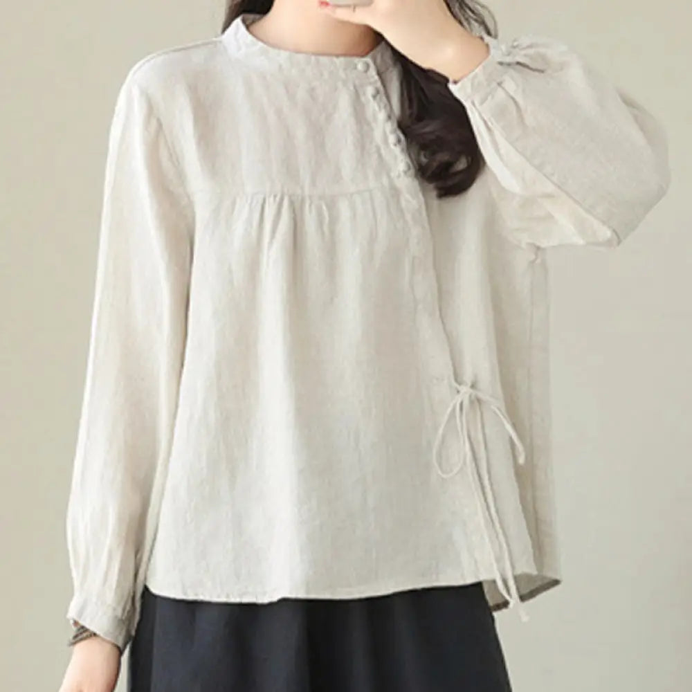Buddha Stones Fall Casual Solid Color Stand Collar Long Sleeve Cotton Linen Women’s Shirt - Linen / US4，UK/AU8，EU36 (L)