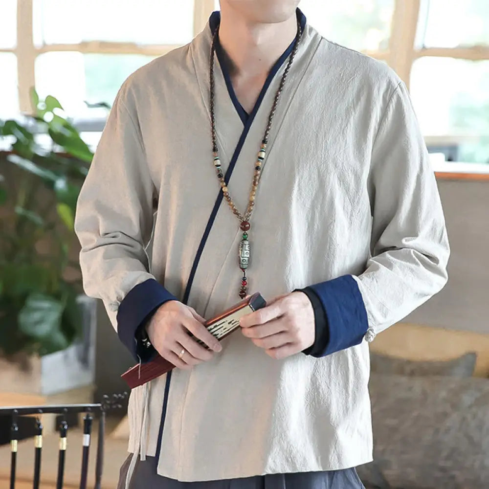 Buddha Stones Fall Colorblock Long Sleeve Shirt Linen Lace-up Men Clothing - FloralWhite / US/UK/AU36，EU46 (L) - Men’s