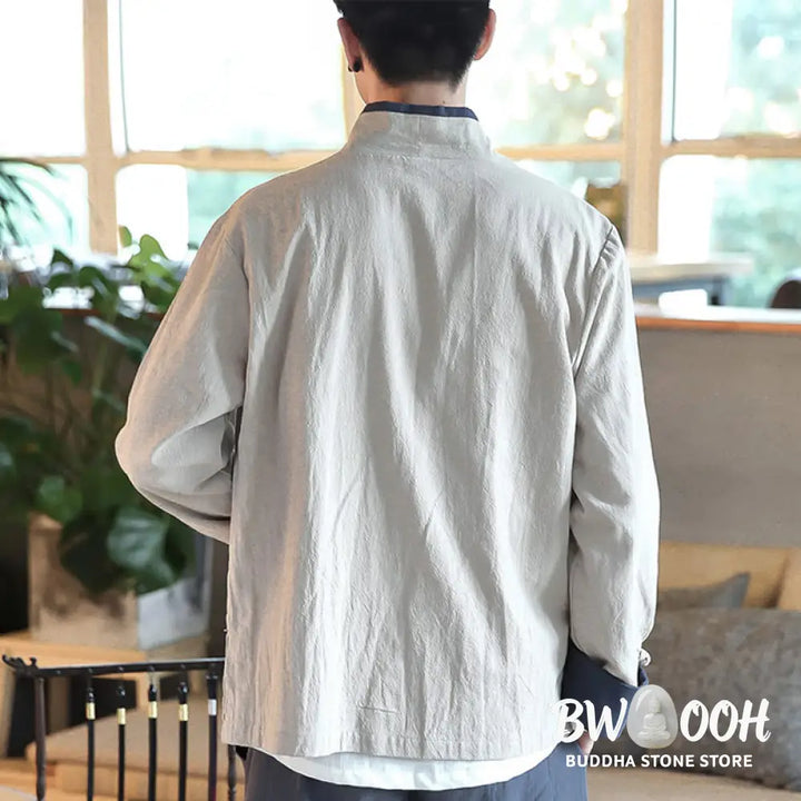 Buddha Stones Fall Colorblock Long Sleeve Shirt Linen Lace-up Men Clothing - Men’s Shirts