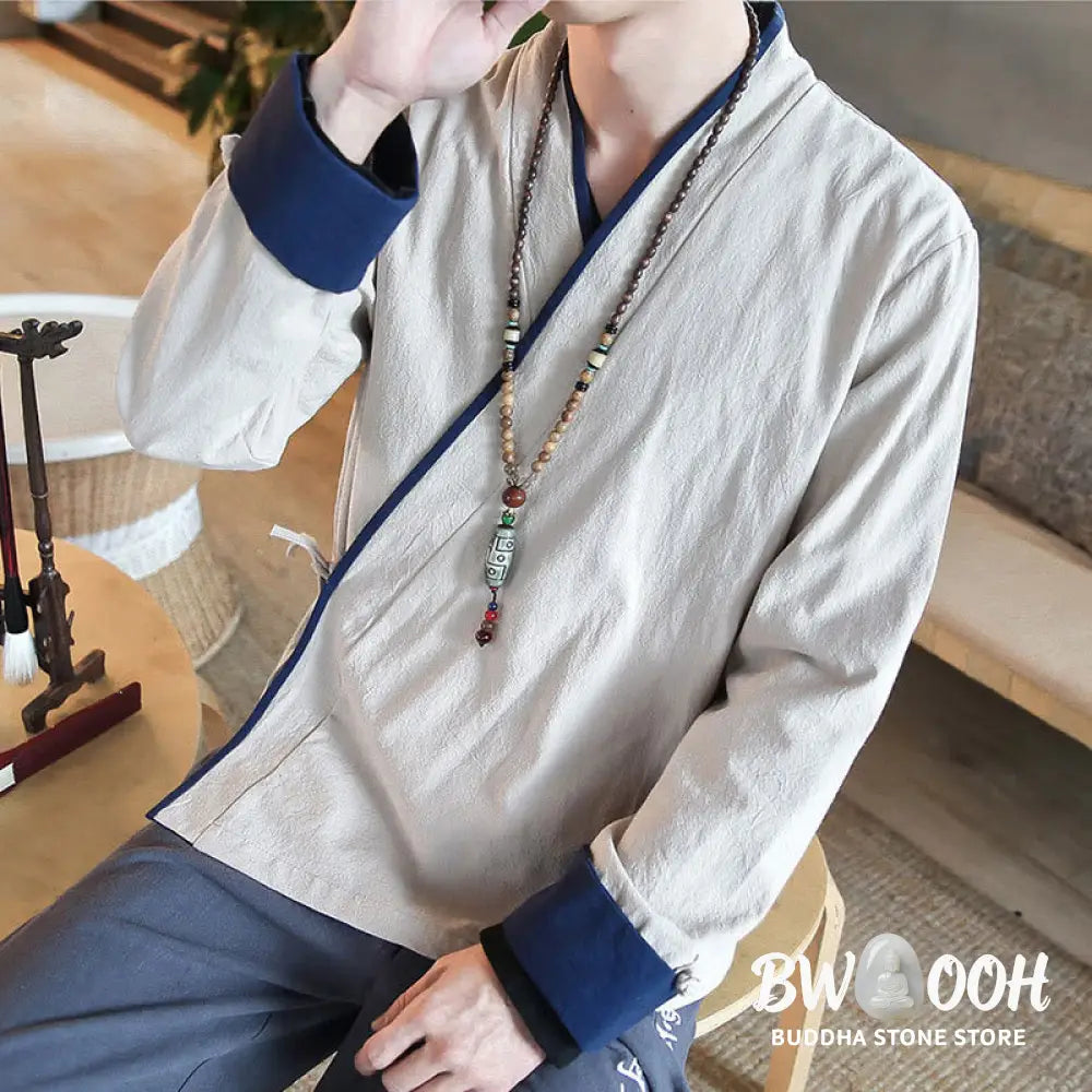 Buddha Stones Fall Colorblock Long Sleeve Shirt Linen Lace-up Men Clothing - Men’s Shirts