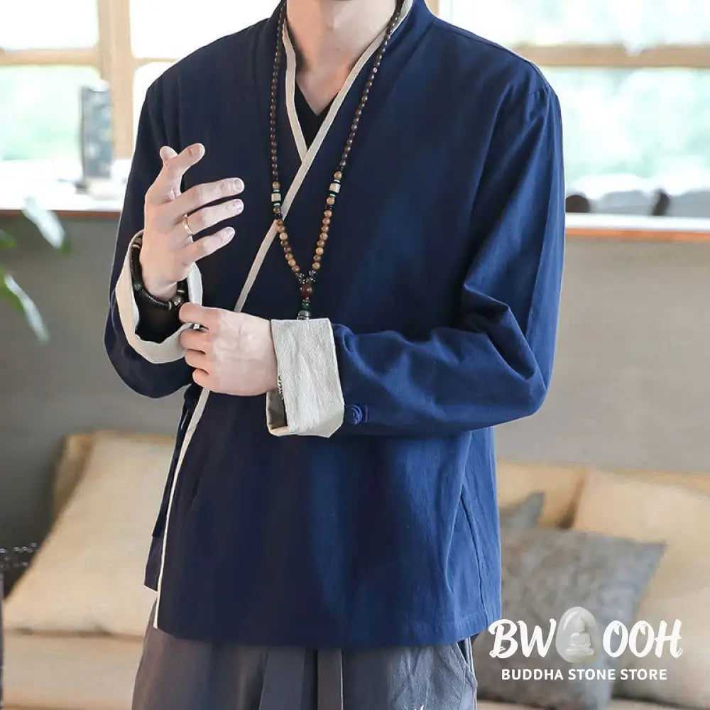 Buddha Stones Fall Colorblock Long Sleeve Shirt Linen Lace-up Men Clothing - Men’s Shirts