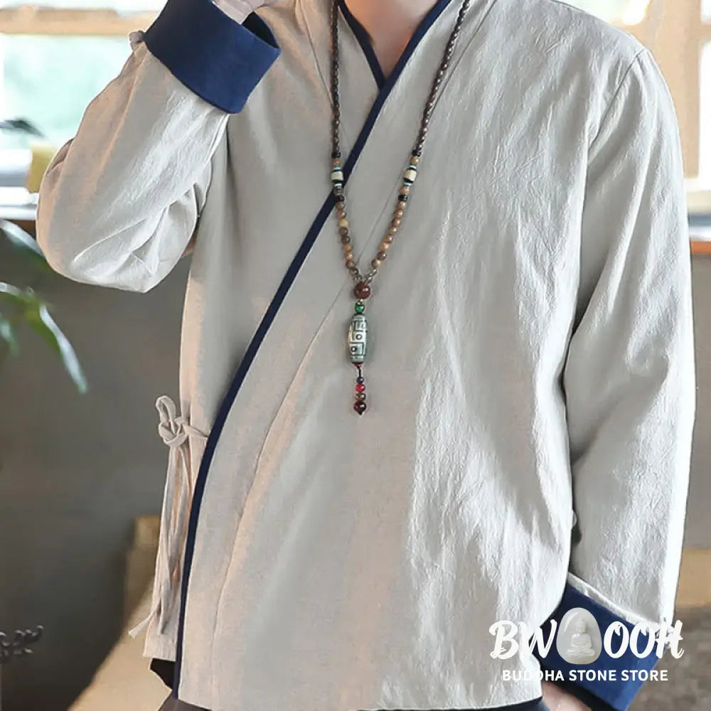 Buddha Stones Fall Colorblock Long Sleeve Shirt Linen Lace-up Men Clothing - Men’s Shirts
