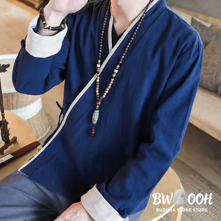Buddha Stones Fall Colorblock Long Sleeve Shirt Linen Lace-up Men Clothing - Men’s Shirts