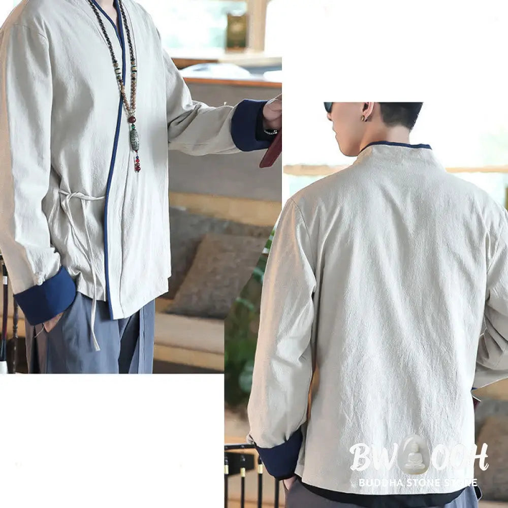 Buddha Stones Fall Colorblock Long Sleeve Shirt Linen Lace-up Men Clothing - Men’s Shirts