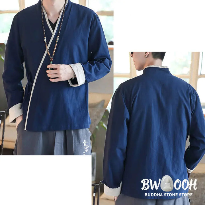 Buddha Stones Fall Colorblock Long Sleeve Shirt Linen Lace-up Men Clothing - Men’s Shirts