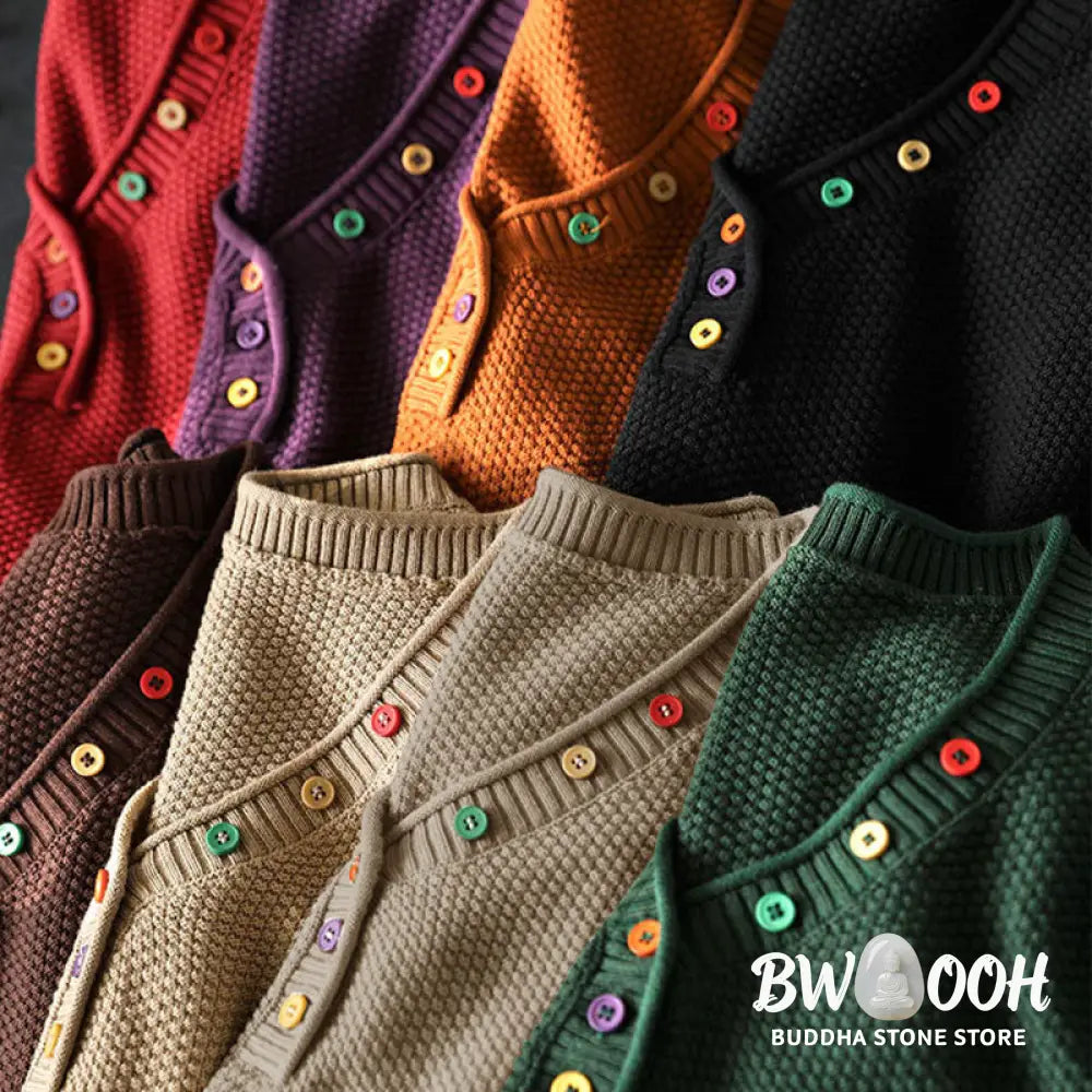 Buddha Stones Fall Colorful Buttons V-Neck Cotton Women’s Long Sleeve Knitted Sweater - Women’s Sweater