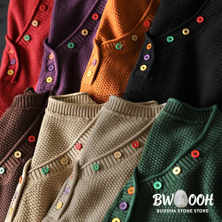 Buddha Stones Fall Colorful Buttons V-Neck Cotton Women’s Long Sleeve Knitted Sweater - Women’s Sweater