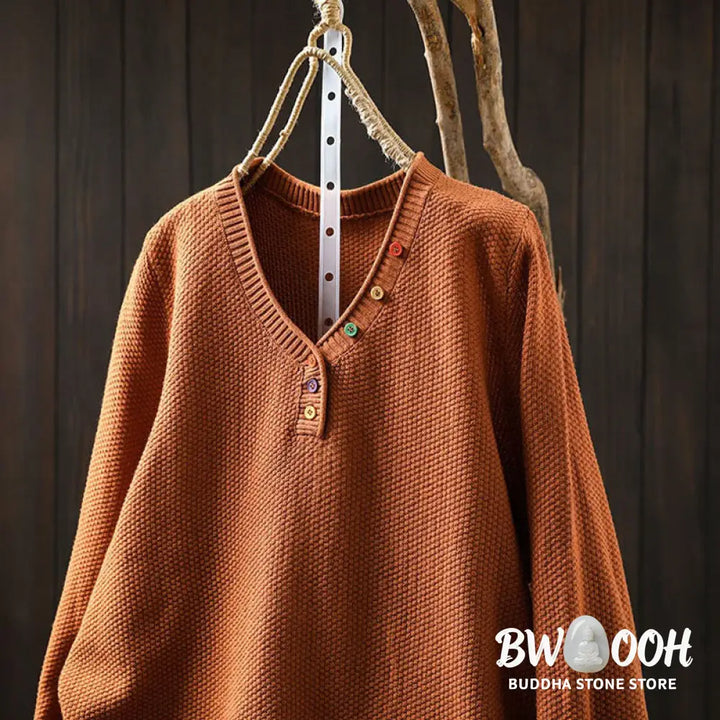 Buddha Stones Fall Colorful Buttons V-Neck Cotton Women’s Long Sleeve Knitted Sweater - Women’s Sweater