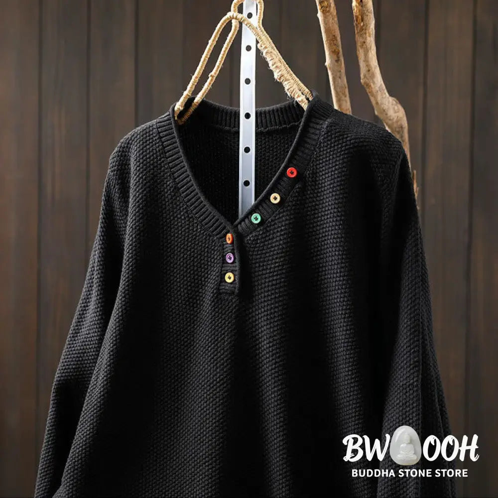 Buddha Stones Fall Colorful Buttons V-Neck Cotton Women’s Long Sleeve Knitted Sweater - Women’s Sweater