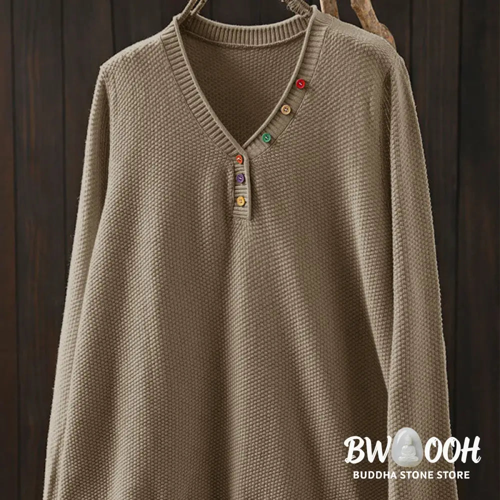 Buddha Stones Fall Colorful Buttons V-Neck Cotton Women’s Long Sleeve Knitted Sweater - Women’s Sweater