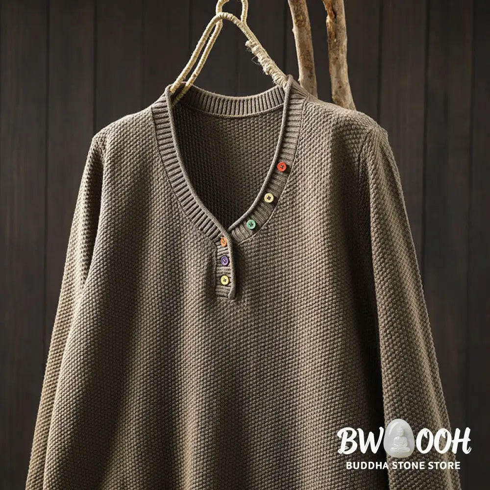 Buddha Stones Fall Colorful Buttons V-Neck Cotton Women’s Long Sleeve Knitted Sweater - Women’s Sweater