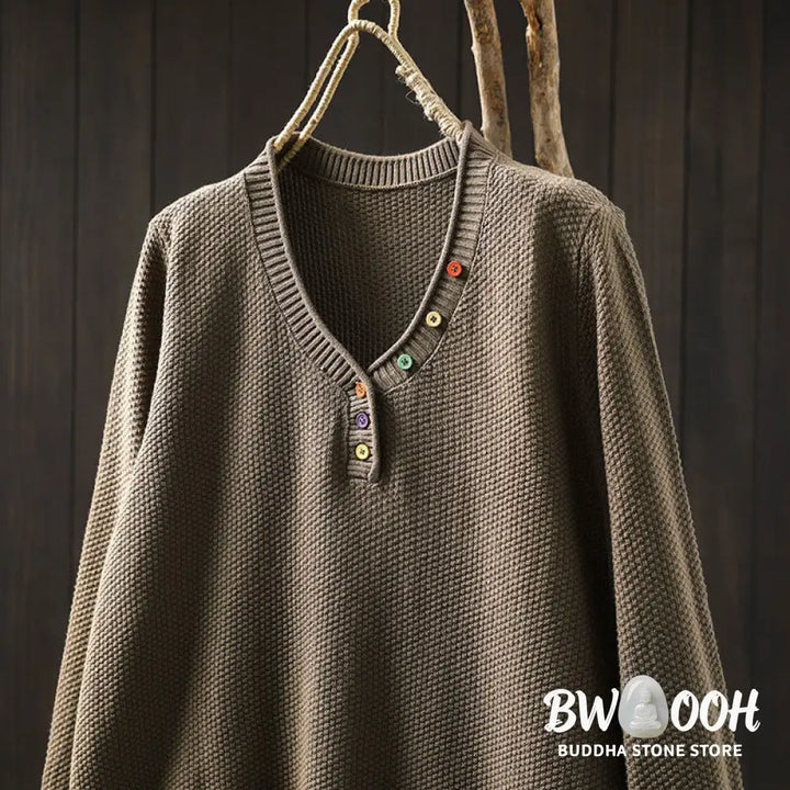 Buddha Stones Fall Colorful Buttons V-Neck Cotton Women’s Long Sleeve Knitted Sweater - Women’s Sweater
