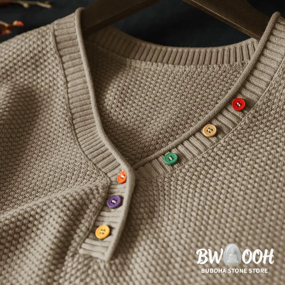 Buddha Stones Fall Colorful Buttons V-Neck Cotton Women’s Long Sleeve Knitted Sweater - Women’s Sweater