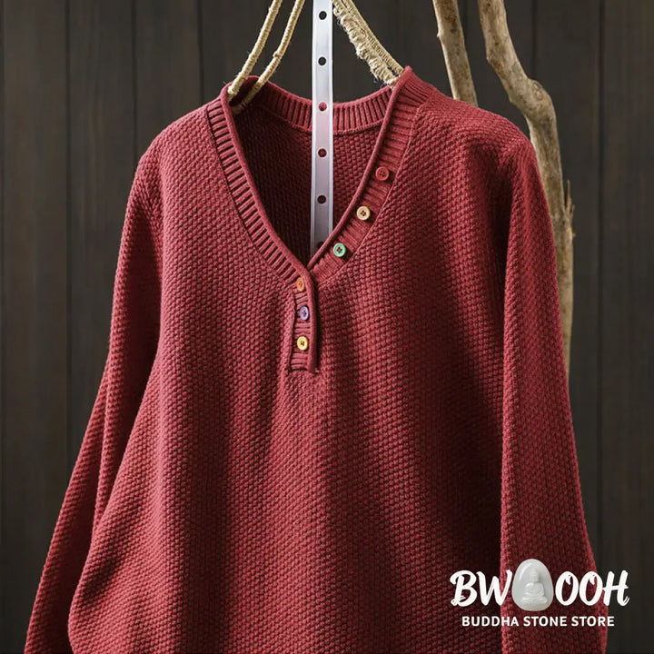 Buddha Stones Fall Colorful Buttons V-Neck Cotton Women’s Long Sleeve Knitted Sweater - Women’s Sweater