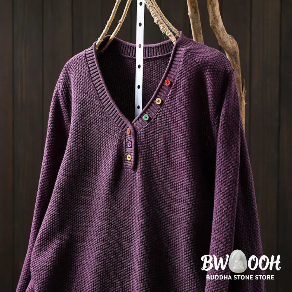 Buddha Stones Fall Colorful Buttons V-Neck Cotton Women’s Long Sleeve Knitted Sweater - Women’s Sweater