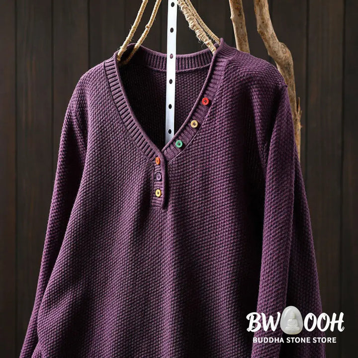 Buddha Stones Fall Colorful Buttons V-Neck Cotton Women’s Long Sleeve Knitted Sweater - Women’s Sweater