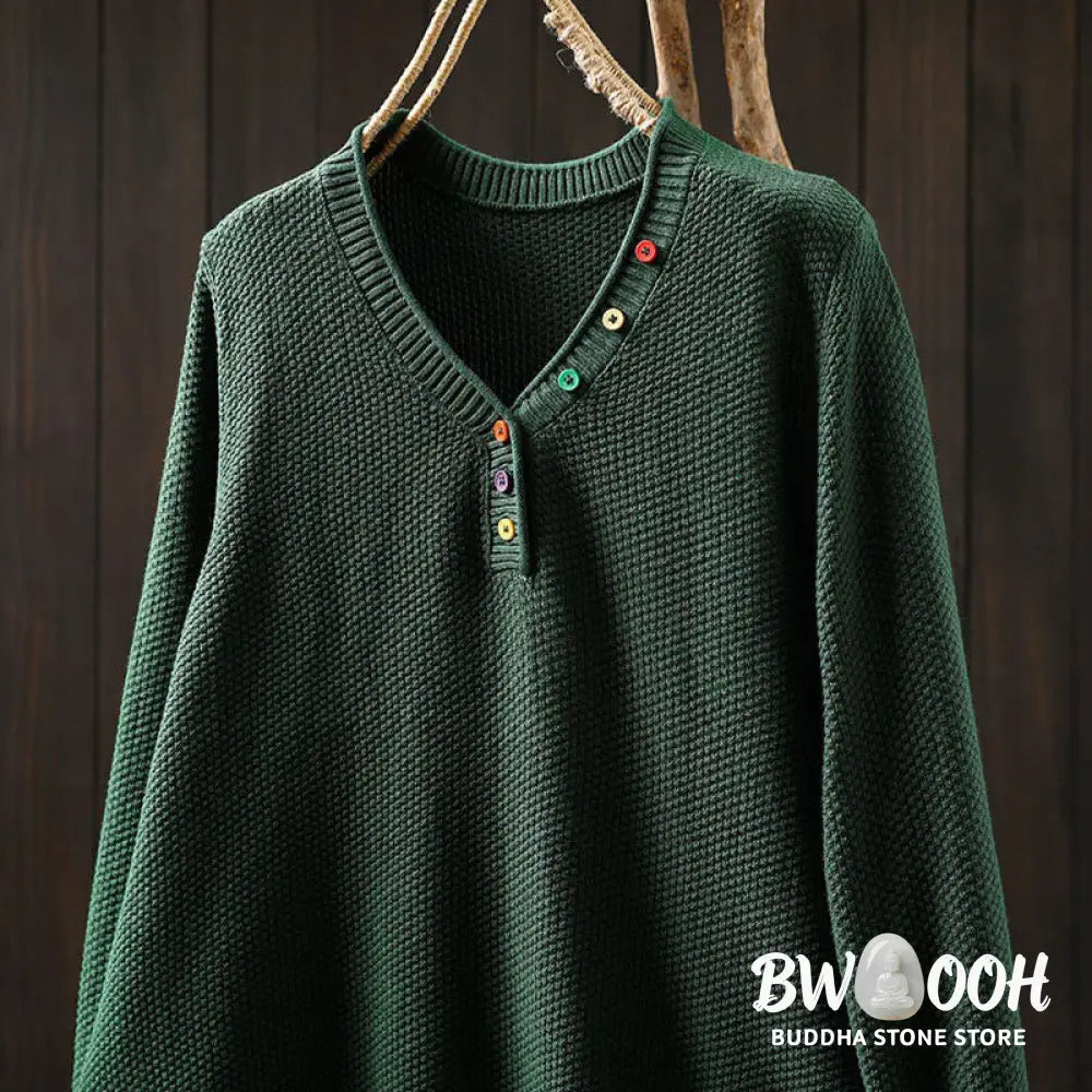 Buddha Stones Fall Colorful Buttons V-Neck Cotton Women’s Long Sleeve Knitted Sweater - Women’s Sweater
