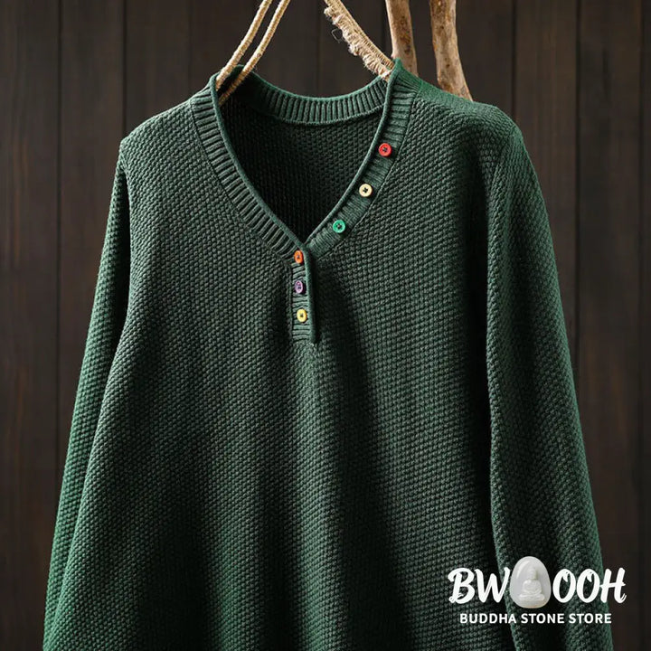 Buddha Stones Fall Colorful Buttons V-Neck Cotton Women’s Long Sleeve Knitted Sweater - Women’s Sweater