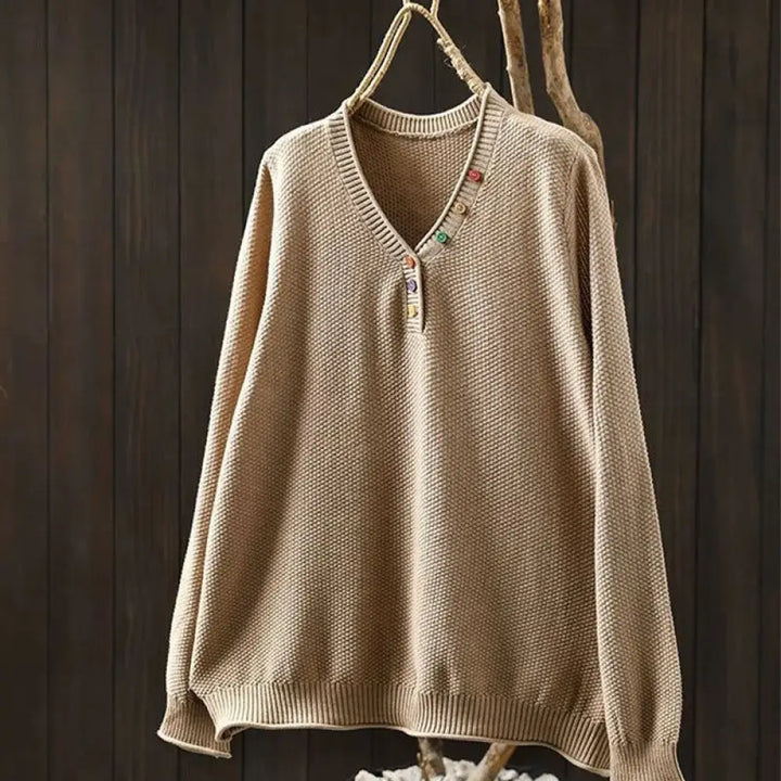Buddha Stones Fall Colorful Buttons V-Neck Cotton Women’s Long Sleeve Knitted Sweater - Bisque