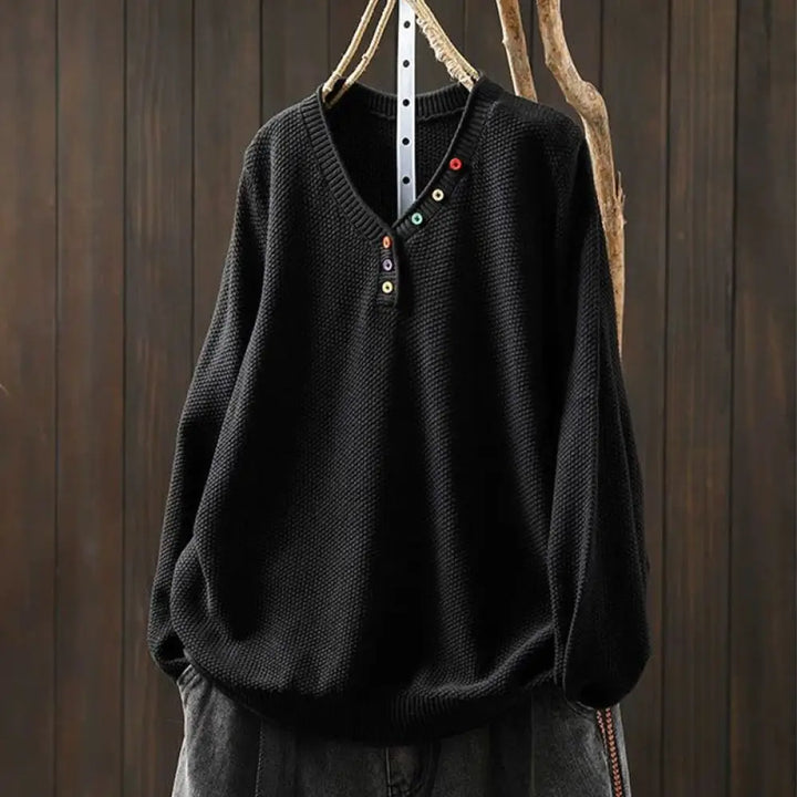 Buddha Stones Fall Colorful Buttons V-Neck Cotton Women’s Long Sleeve Knitted Sweater - Black / US4-6，UK/AU8-10，EU36-38