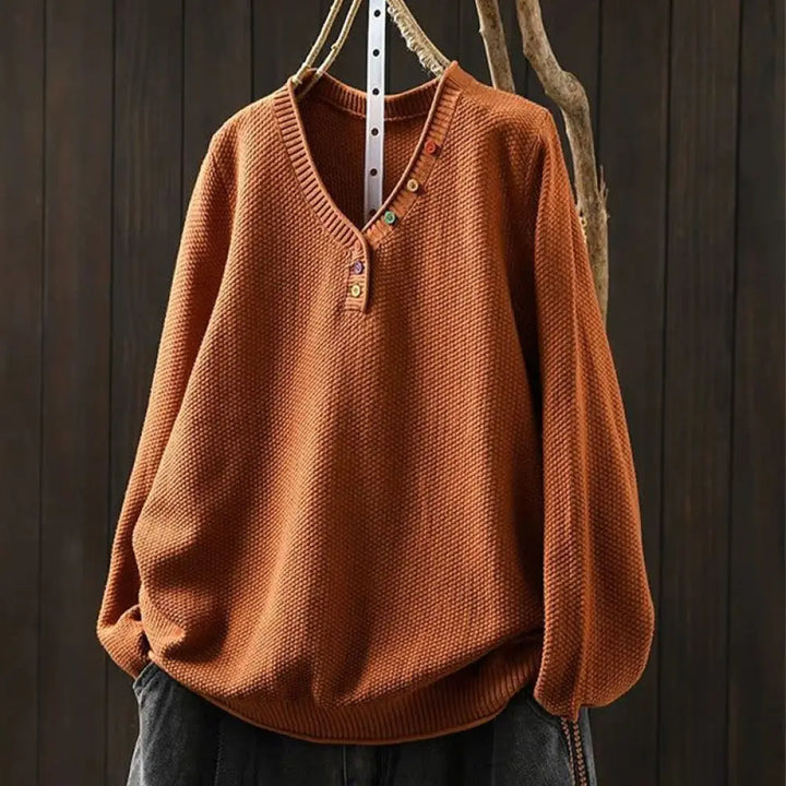 Buddha Stones Fall Colorful Buttons V-Neck Cotton Women’s Long Sleeve Knitted Sweater - DarkOrange
