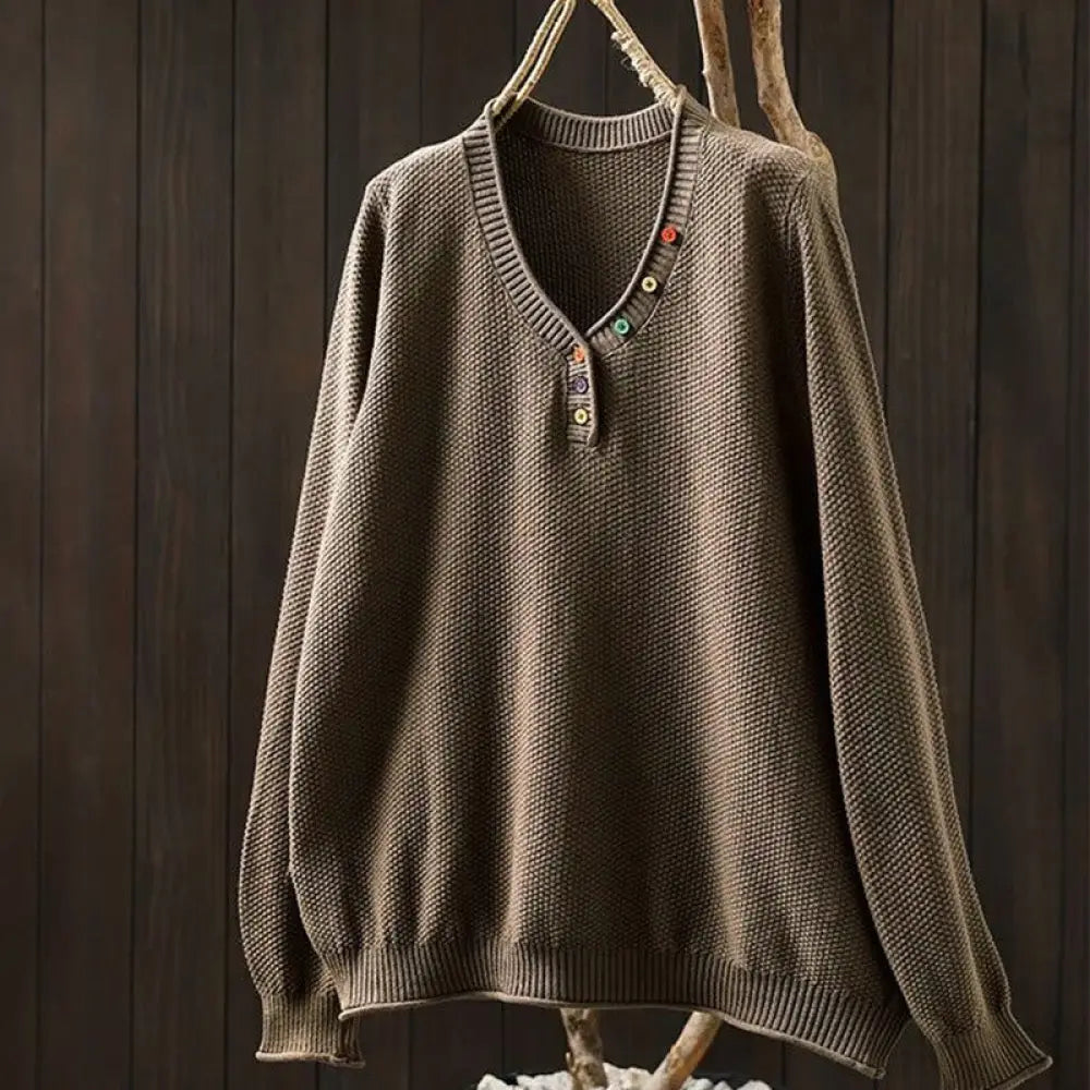 Buddha Stones Fall Colorful Buttons V-Neck Cotton Women’s Long Sleeve Knitted Sweater - Peru / US4-6，UK/AU8-10，EU36-38