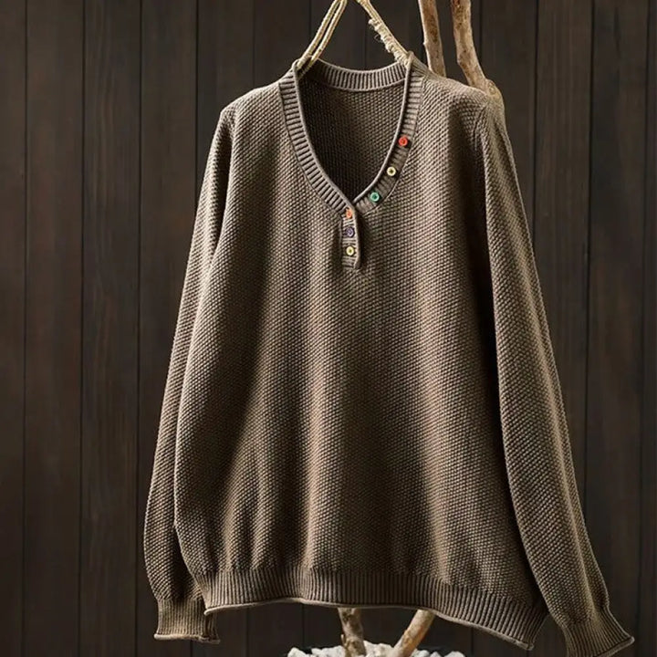 Buddha Stones Fall Colorful Buttons V-Neck Cotton Women’s Long Sleeve Knitted Sweater - Peru / US4-6，UK/AU8-10，EU36-38