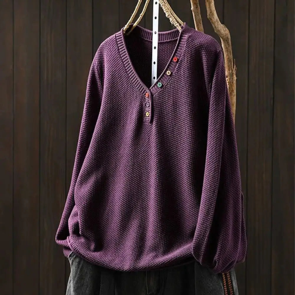 Buddha Stones Fall Colorful Buttons V-Neck Cotton Women’s Long Sleeve Knitted Sweater - Purple