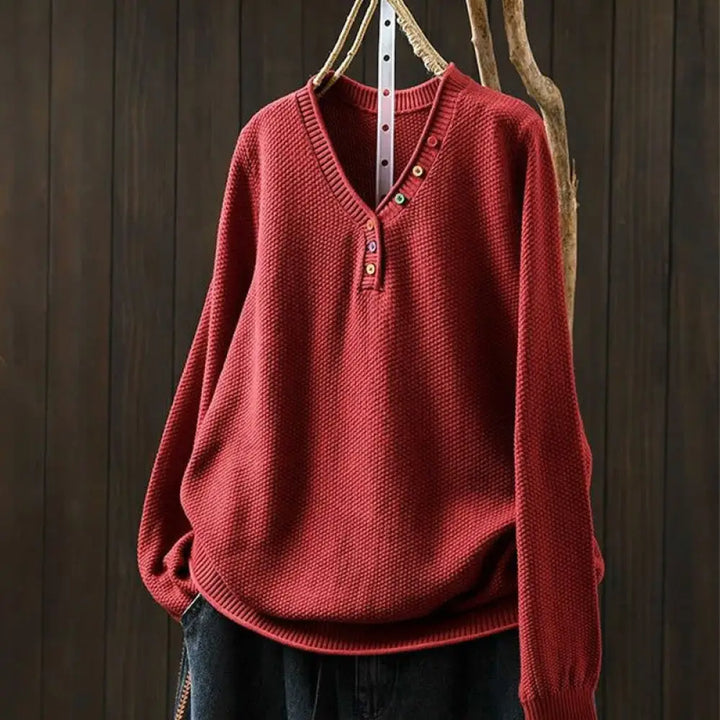 Buddha Stones Fall Colorful Buttons V-Neck Cotton Women’s Long Sleeve Knitted Sweater - Red / US4-6，UK/AU8-10，EU36-38