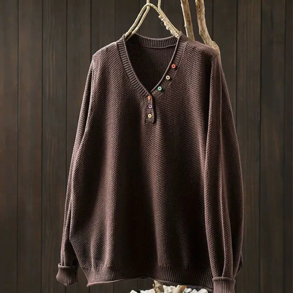 Buddha Stones Fall Colorful Buttons V-Neck Cotton Women’s Long Sleeve Knitted Sweater - SaddleBrown