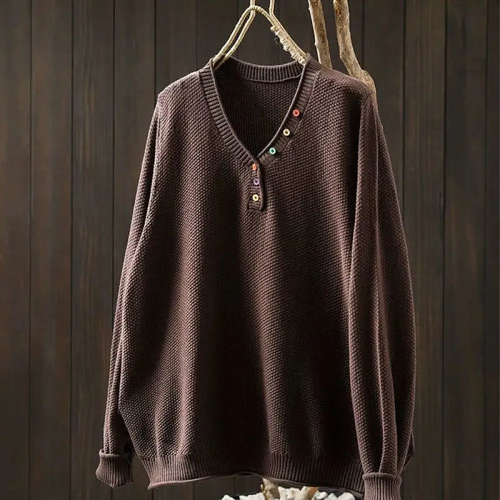 Buddha Stones Fall Colorful Buttons V-Neck Cotton Women’s Long Sleeve Knitted Sweater - SaddleBrown
