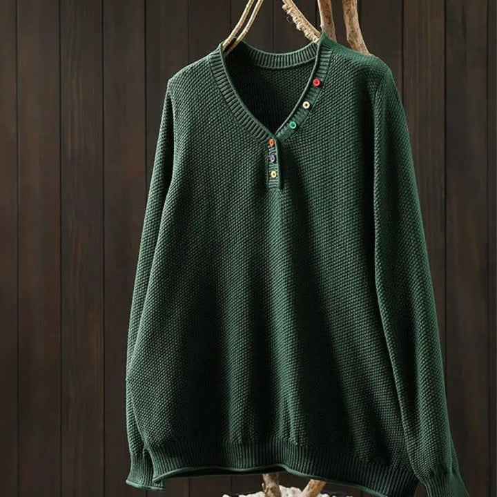 Buddha Stones Fall Colorful Buttons V-Neck Cotton Women’s Long Sleeve Knitted Sweater - SeaGreen