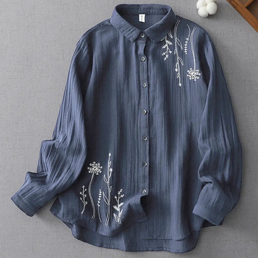 Buddha Stones Fall Dandelion Flower Buttons Long Sleeve Women’s Cotton Shirt - SteelBlue / US4，UK/AU8，EU36 (M)