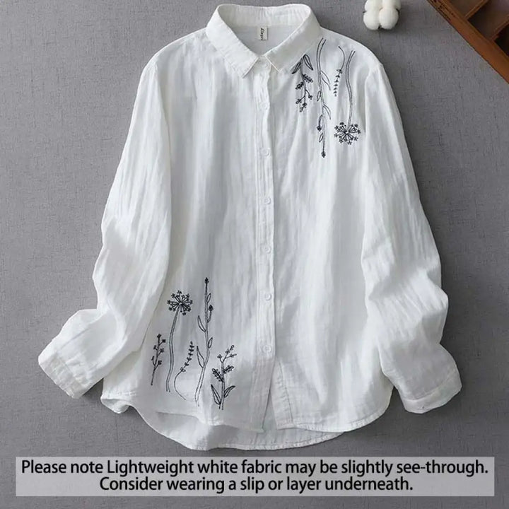 Buddha Stones Fall Dandelion Flower Buttons Long Sleeve Women’s Cotton Shirt - White / US4，UK/AU8，EU36 (M) - Women’s