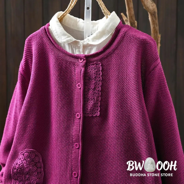 Buddha Stones Fall Floral Buttons Cotton Women’s Long Sleeve Knitted Cardigan Sweater - Women’s Cardigan
